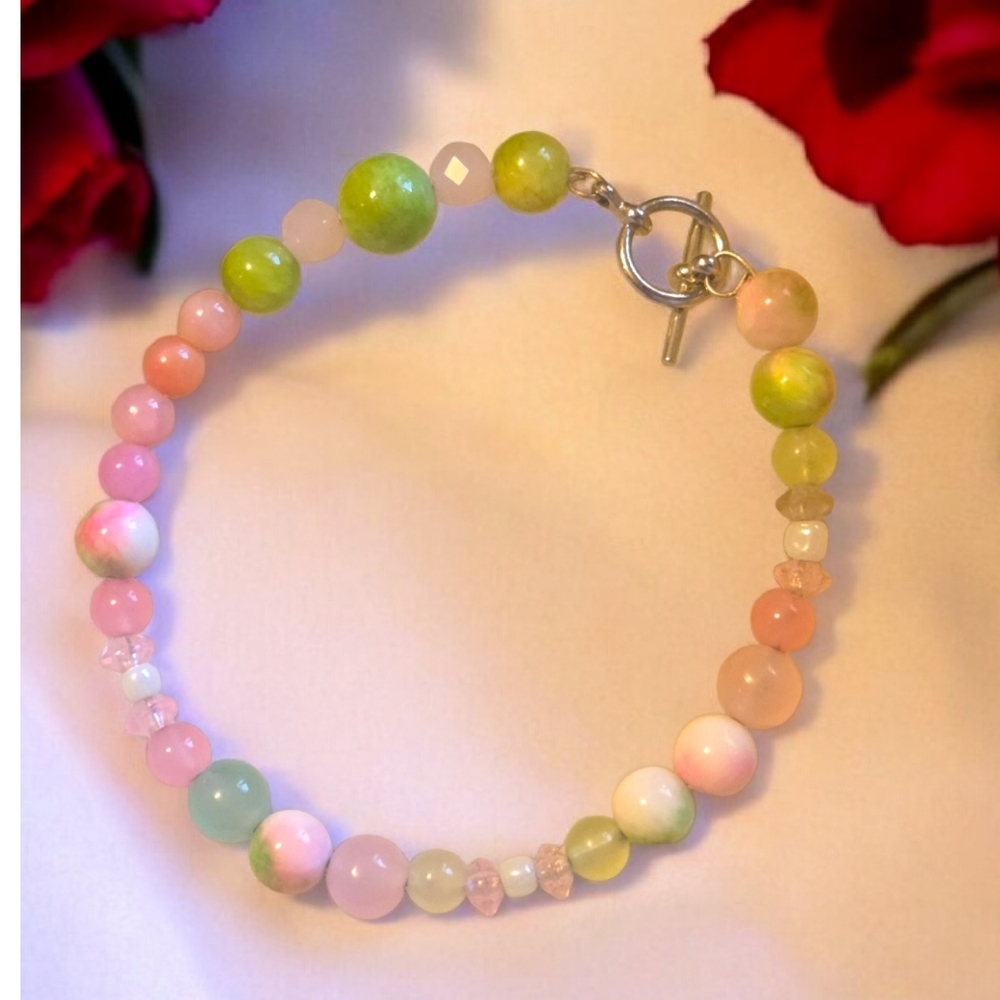 Pink & Green Jade Bracelet • Pastel Love Stones • Wire Wrapped with Clasp •